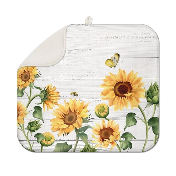 Sunflower Flower Dish Mat for Kitchen Use, Microfiber Foldable Drying Pad, 16x18 Inch Absorbent Rack for Sink or Counter