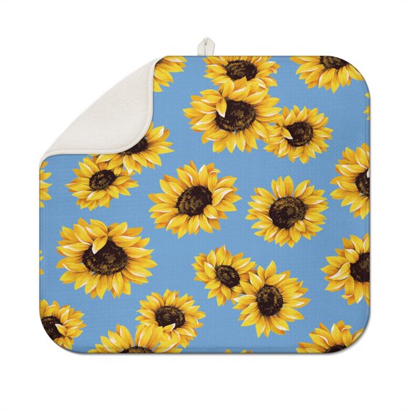 Sunflower Flower Dish Rack Mat for Kitchen Sink, Microfiber Foldable Pad, 16x18 Inch Absorbent Counter Mat for Everyday Dish Drying