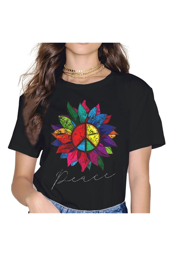 Sunflower Flower Distressed Rainbow Peace Sign 70s Women Tops T-Shirt Graphics Shirt Casual Short Sleeve Crew Neck Shirts Gift Tee Black