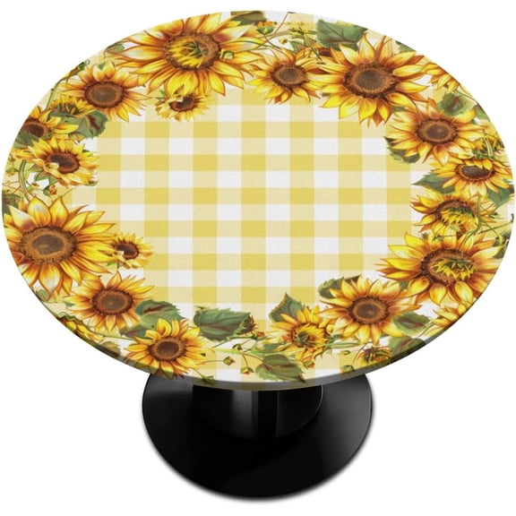 Sunflower Flower Fall Round Tablecloths with Elastic Edge Fitted Round Table Cloth Small Wipeable Washable Circle Table Covers for Dinner Patio Party Indoor Outdoor Kitchen Decor (Fit 36-44 In)