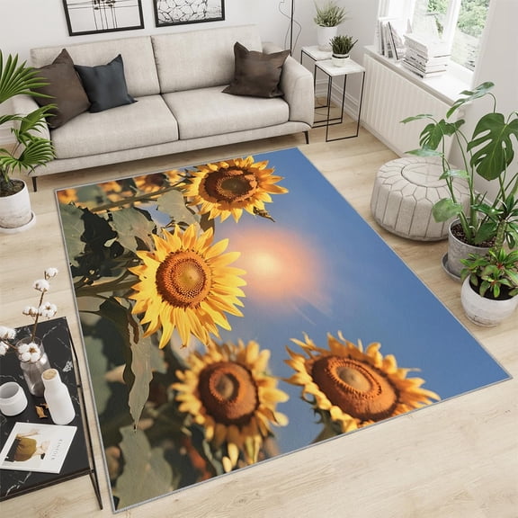 Sunflower Flower Field Area Rugs Retro Sunshine Floral Plants Distressed Carpet Carpet Mat Non-Shedding Easy Cleaning For Bedroom Living Room 1x2ft
