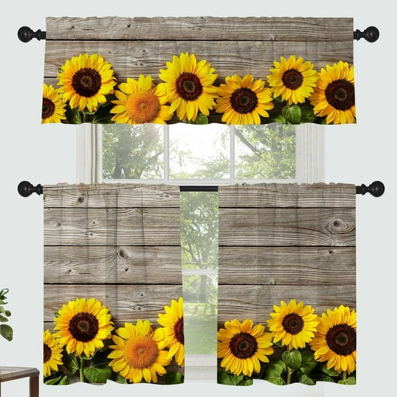 Sunflower Flower for Kitchen Bathroom Beautiful Wood Grain Floral Rod Pocket Window Tier Curtains Valance Set 3 Pcs Plant Printed Short Curtains 54 x 18 inches + 27 x 36 inches *2