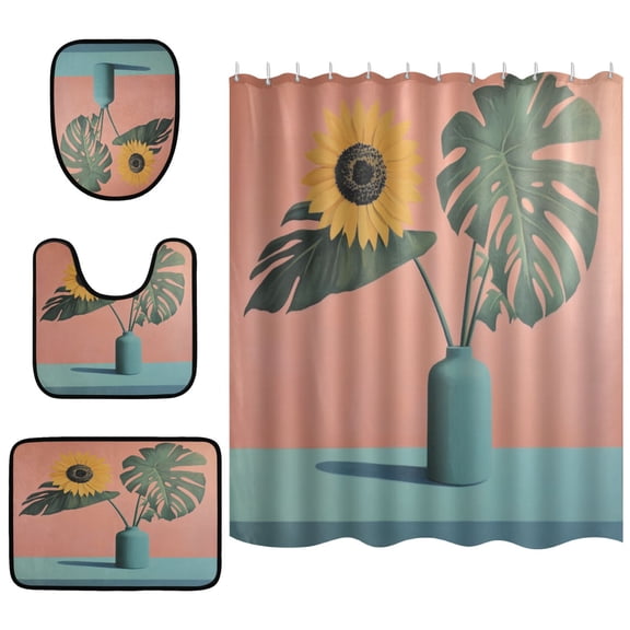 Sunflower Flower Pot Bathroom Accessory Curtain Sets Bath Curtain Anti-Slip Mats and Toilet Pad 66x72in