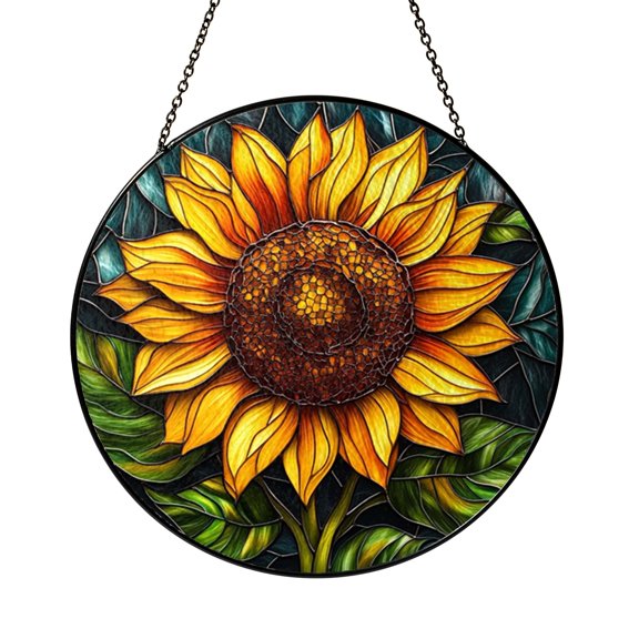 Sunflower Flower Round Suncatcher – Stained Glass Style Window Art