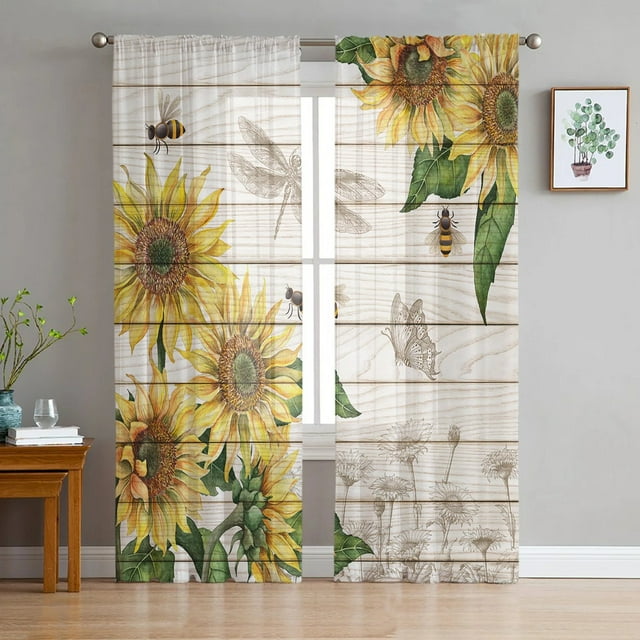 Sunflower Flower White Tulle Curtains for Living Room Bedroom Decor ...