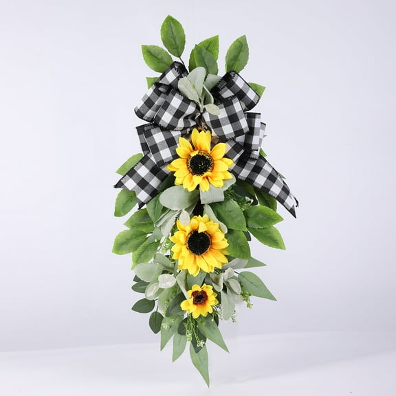 Sunflower Flower Wreath Spring Summer Swag for Wedding Home Party Door Front Door Wreath with Black Grid Bow Wall Window Dcor