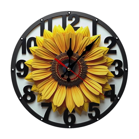Sunflower Flower Yellow Wall Clock 10 Inch Silent Non Ticking Round Wooden Clock Decoration for Living Room Kitchen Bedroom Bathroom Office Classroom
