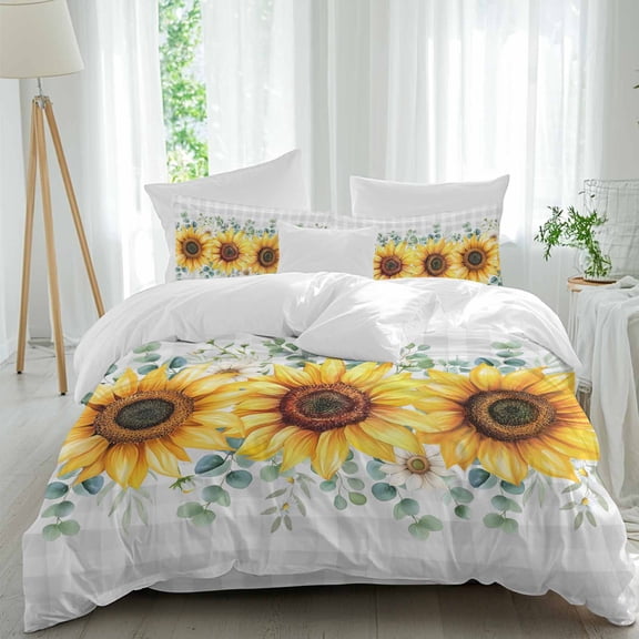 Sunflower Flowers 4 Piece Duvet Cover Set Queen Size Yellow Floral Eucalyptus Leaves Gray Plaid Soft Bedding Set Comforter Cover, 1 Duvet Cover 1 Flat Sheets and 2 Pillowcases