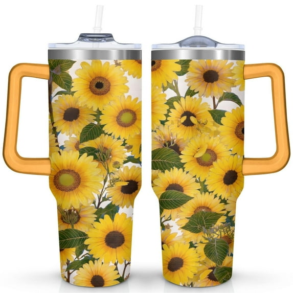 Sunflower Flowers 40 Oz Tumbler with Handle Lid and Straw, Stainless Steel Double Walled Vacuum Insulated Cup, Cute Anniversary Wedding Birthday Gifts Tumbler for Women Men Friends Outdoor Indoor