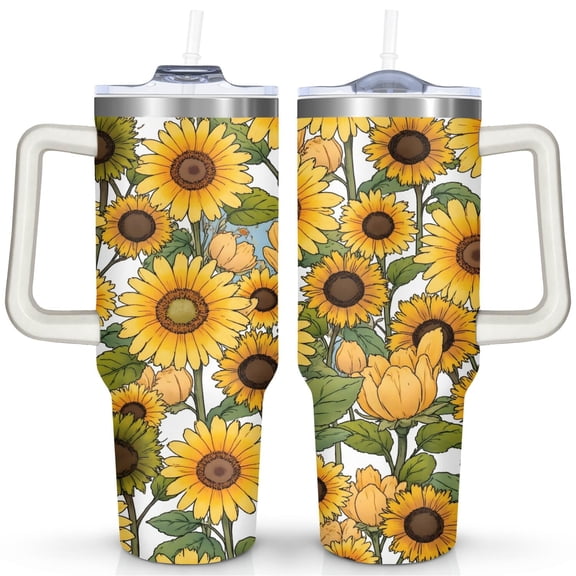 Sunflower Flowers 40 Oz Tumbler with Handle Lid and Straw, Stainless Steel Double Walled Vacuum Insulated Cup, Cute Anniversary Wedding Birthday Gifts Tumbler for Women Men Friends Outdoor Indoor