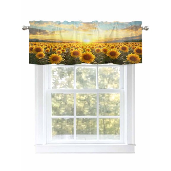 Sunflower Flowers Curtain Valances for Windows, Summer Watercolor Floral Field Kitchen Valance Window Treatment, Light Filtering Block Curtains for Bathroom/Bedroom/Living Room 42'' x 12''