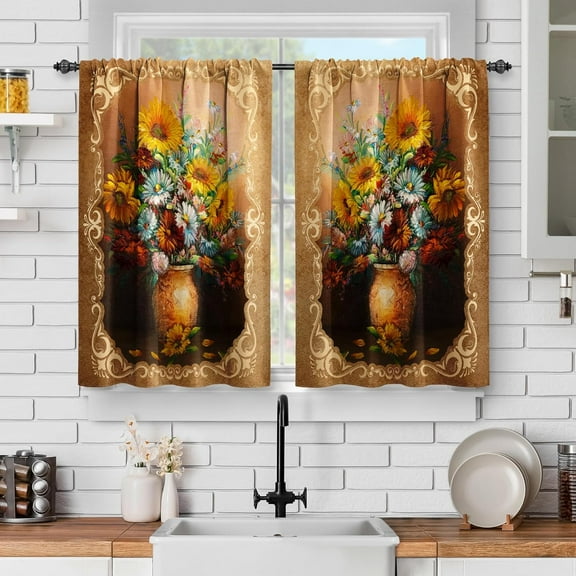 Sunflower Flowers Floral Kitchen Curtains - Rustic Vase Art Decor Oil Painting Short Curtains for Dining Room Rod Pocket Window Drapes 2 Panels Set, 28"x36"