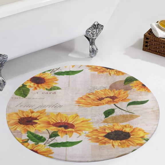 Sunflower Flowers on Old Fashioned Letters Romantic Round Carpet Circle Rug Outdoor Patio Area Rug Washable Large Area Rugs Hallway Room Decor Fitness Mats
