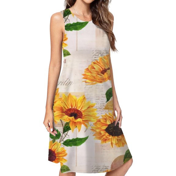 Sunflower Flowers On Old Fashioned Letters Romantic Dress Elegant Party Dresses Evening Dresses Women Dress Sleeveless Dress Ladies Dresses