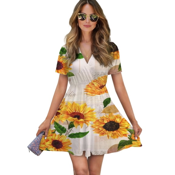 Sunflower Flowers On Old Fashioned Letters Romantic Women Dress V-Neck Short Sleeve Flowy Swing Party Midi Dress