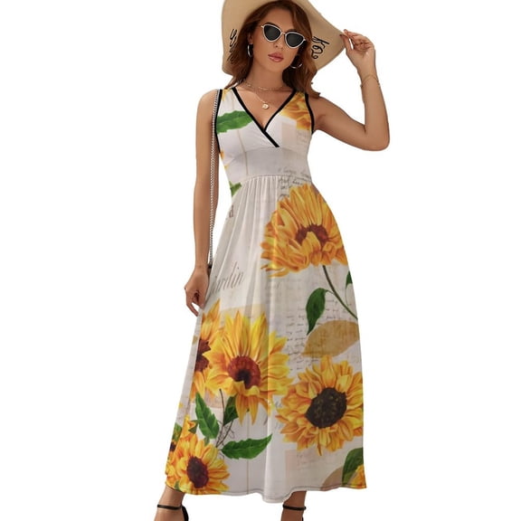 Sunflower Flowers on Old Fashioned Letters Romantic Dress Summer Street Style Bohemia Long Dresses Female Sleeveless Printed Maxi Dress