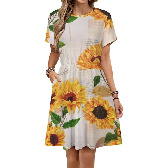 Sunflower Flowers on Old Fashioned Letters Romantic Women's Dress Short Sleeve Summer Sundress Summer Women Clothes