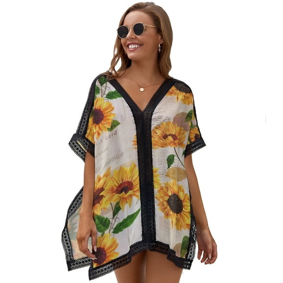 Sunflower Flowers on Old Fashioned Letters Romantic Women's Swimsuit Coverup Summer Beach Cover Up Bathing Suit Dress