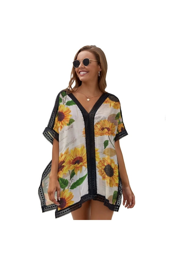 Sunflower Flowers on Old Fashioned Letters Romantic Women's Swimsuit Coverup Summer Beach Cover Up Bathing Suit Dress