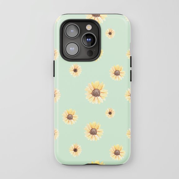 Sunflower For All iPhone Series Protective Phone Case Watercolor Floral Mint Green