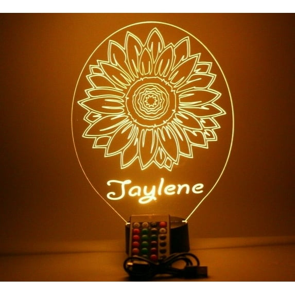 Sunflower Forget-Me-Not Flower Night Light Up Lamp LED Free Engraved Custom Name Personalized Table Desk Lamp, with Remote, 16 Different Color Options, Dimmer, It's Wow, Great Gift