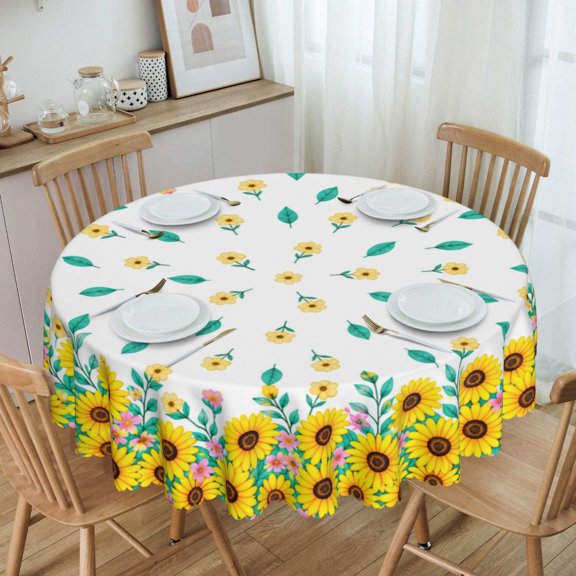 Sunflower Frame With Green Round Tablecloth Polyester Waterproof & Washable 60" Table Cloth Indoor and Outdoor for Kitchen Dining Party Picnic Table Cover