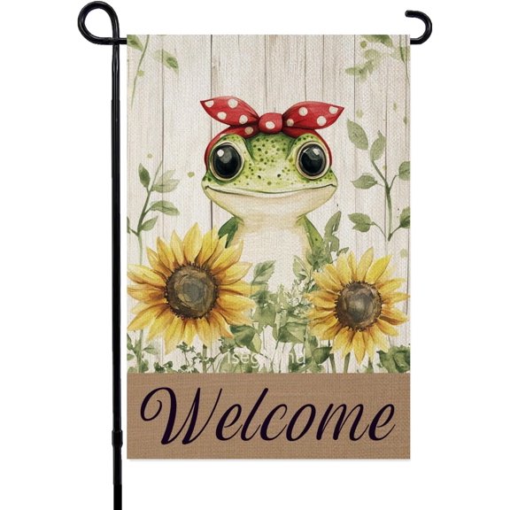 Sunflower Frog Garden Flag Double Sided 12x18 Inch Welcome Wood Grain Yard Outdoor Decorative Flag