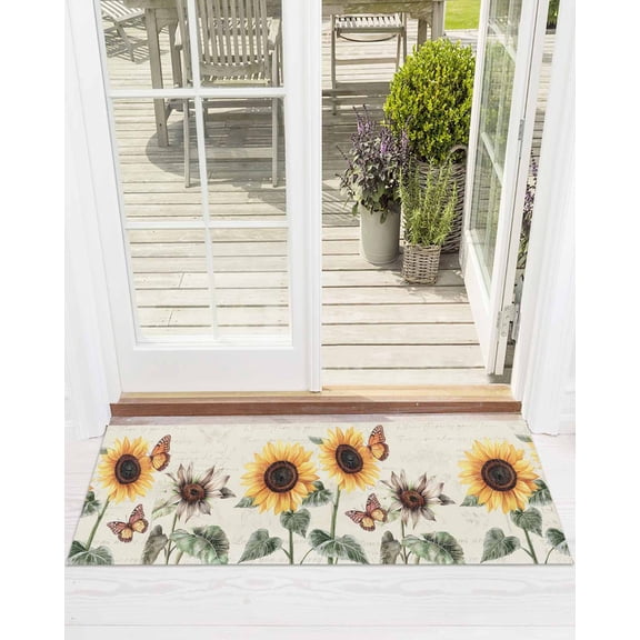 Sunflower Front Door Mat Summer Floral Bee Pastoral Style Vintage Background Welcome Doormat Indoor Outdoor Entrance Floor Mat Non-Slip Washable Runner Rug for Front Porch Decor 16x47 Inch