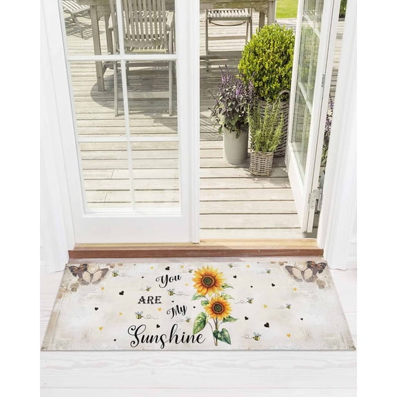 Sunflower Front Door Mat Sunshine Farmhouse Flower Butterfly Welcome Doormat Indoor Outdoor Entrance Floor Mat Non-Slip Washable Runner Rug for Front Porch Decor 18x60 Inch