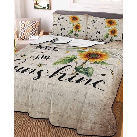 Sunflower Full Size Down Alternative Comforter, Lightweight Comforter Quilt Bedding Set with Pillow Shams Vintage Summer Botanical Bee Spring Floral All Seasons Bed Comforter Duvet Insert 78"x90"