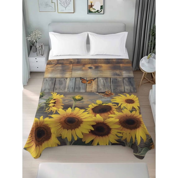 Sunflower Full Size Flat Sheet, Wrinkleproof & Fadeproof Cooling Flat Bed Sheet Only, Spring Yellow Floral Rustic Butterfly Wood Grain Breathable Soft Bedding Top Sheets 81 x 96 Inches