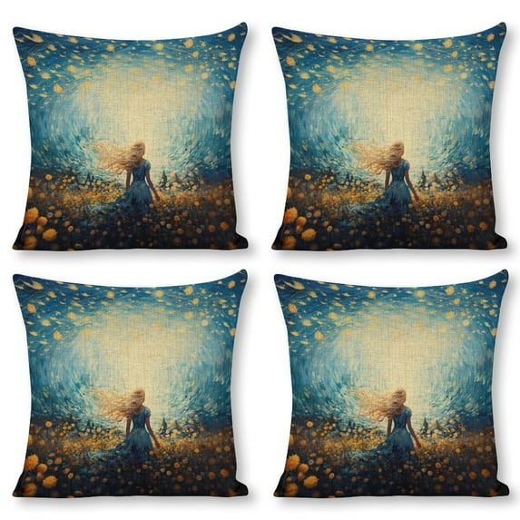 Sunflower Galaxy Star Girl Linen Throw Pillow Covers Decorative Pillow Cases 18x18 inch Cushion Case Set of 4 Couch Pillows Cover for Sofa Bedroom Living Room Car