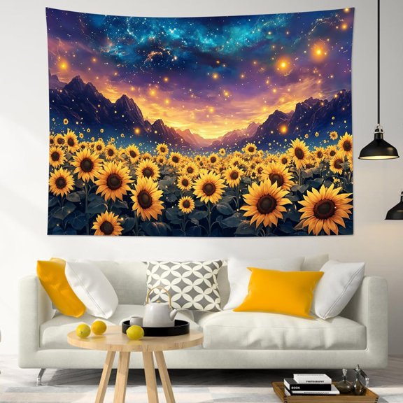 Sunflower Galaxy Tapestry Yellow Floral Botanical Wall Hanging Sunset Mountain Landscape Wall Decor for Bedroom Living Room Dorm, 60x40 Inch