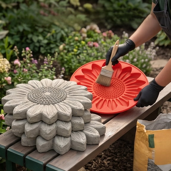 Sunflower Garden Path Mold, Floral Concrete Stepping Stone Form, Reusable Round Casting Tray for Patio Pavers, DIY Yard Art