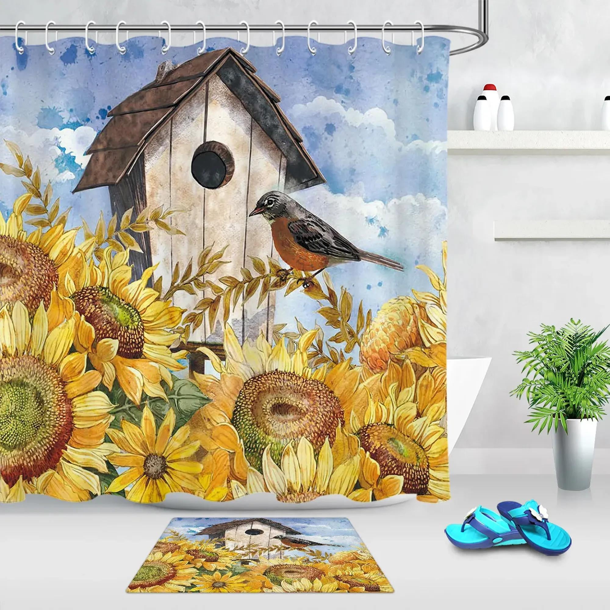 Sunflower Garden Shower Curtain A Vibrant Watercolor Birdhouse for
