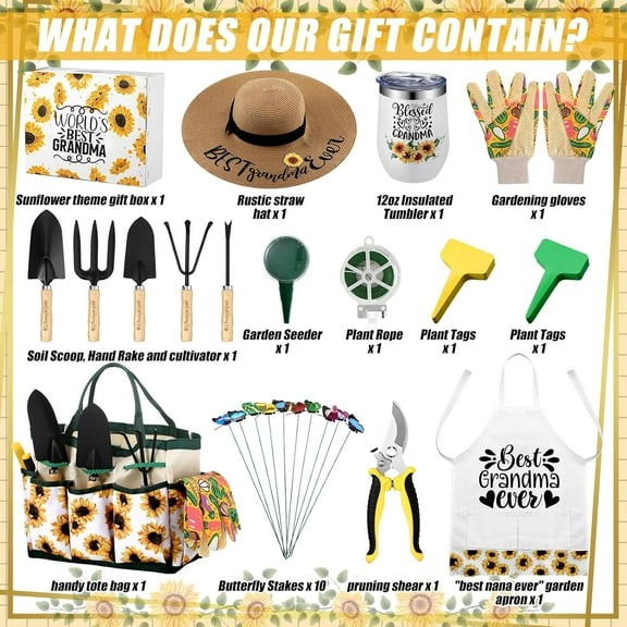 Sunflower Garden Tools Kit for Women, Mom, Grandma - Birthday Gift Set with Tote Bag, Gloves &