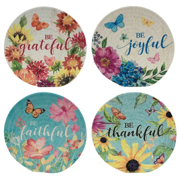 Sunflower Garden Words To Inspire 4-Piece 9" Round Braided Soft Trivet Set