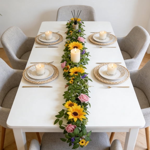 Sunflower Garland with Roses Artificial, Fake Flower Vine for Spring Garden, Wedding Arch Decor for Balcony Patio, Plastic Rattan for Staircase Fence Outdoor