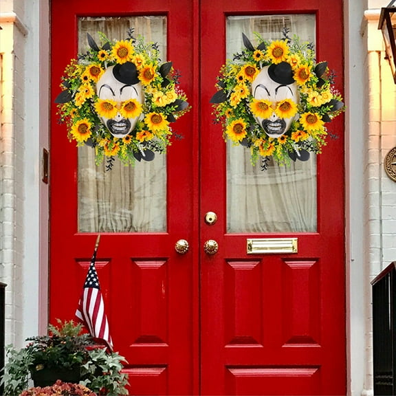 Sunflower Ghost Face Hat Wreath Door Hanging, Halloween Living Room Wall Hanging, Door Window Decoration Pendant