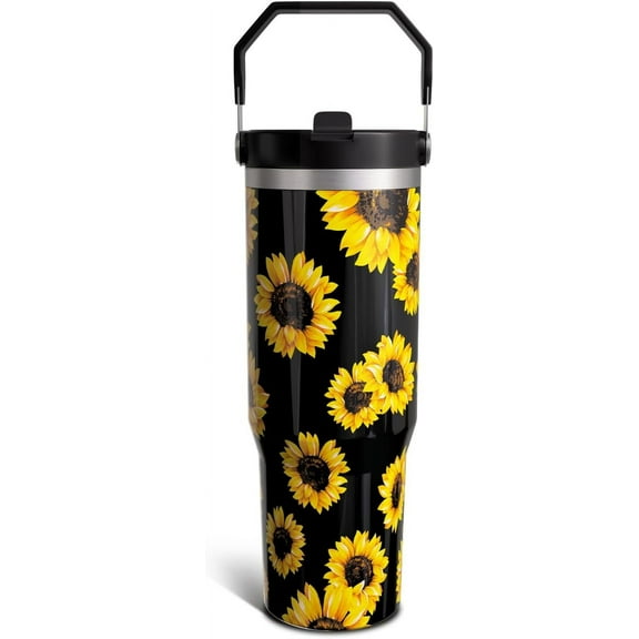 Sunflower Gifts 30 Oz Tumbler with Top Handle and Flip Straw, Black Aesthetic Stainless Steel Insulated Water Bottle Cup, Floral Lover Birthday Gifts for Women Girls