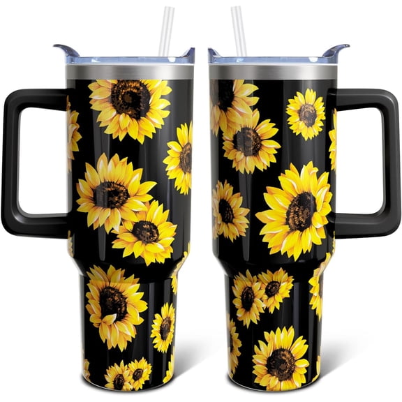 Sunflower Gifts 40 Oz Tumbler with Handle and Lid Straw, Black Aesthetic Stainless Steel Double Walled Vacuum Insulated Cup Mug, Floral Lover Birthday Gifts for Women Girls