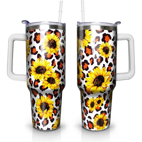 Sunflower Gifts Cup for Women Mom, 40oz Tumbler with Handle and Straw Lid, Stainless Steel Double Walled Insulated Mug Water Bottle, Cute Sun Flowers Lover Birthday Gift Idea