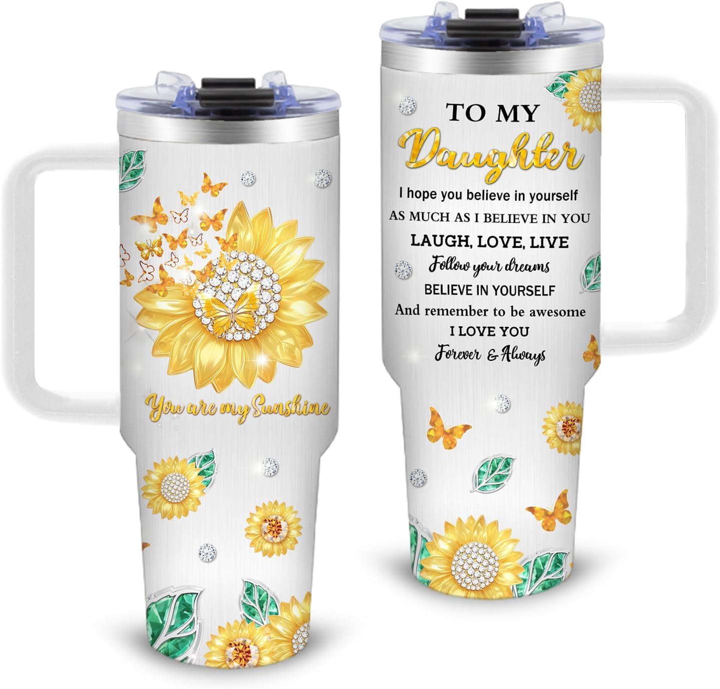 Sunflower Gifts for Daughter - 30oz Daughter Tumbler with Handle and Straws Stainless Steel Insulated Travel Water Cups, Leak-Proof Yellow Sunflower Themed Cups for Daughters Birthday Christmas Gifts