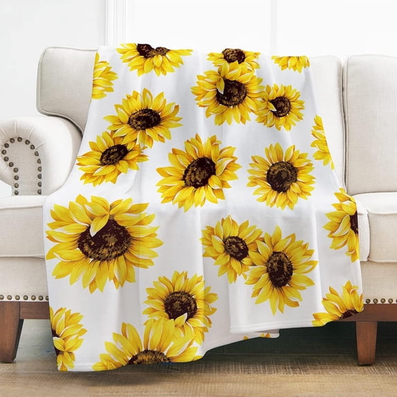 Sunflower Gifts Throw Blanket for Women - Living Room Home Bedroom Decor, Soft Fuzzy Yellow Flower Print Plush Blankets for Couch Sofa Bed Birthday White 50"x60"