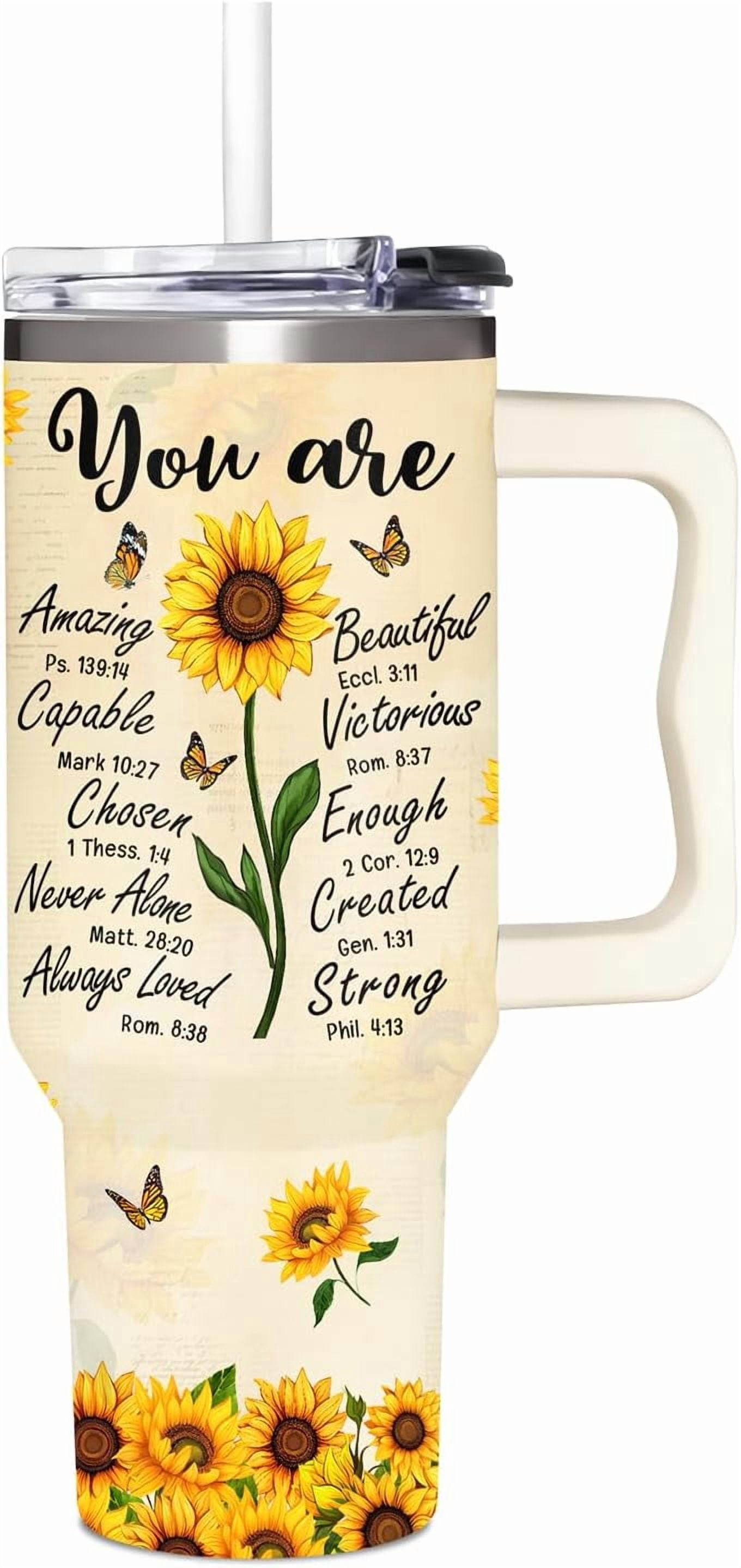 Sunflower Gifts for Women - Christian, Religious Gifts for Women - Encouragement Gift for Woman on Birthday, Mothers Day, Christmas - Sunflower Tumbler 40 oz with Handle & Straw