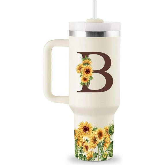 Sunflower Gifts for Women - Monogrammed 40 oz Tumbler with Handle & Straw - Personalized Gifts for Women, Monogrammed Gifts for Mom, Wife, Sister, Friend - Sunflower Tumbler - Initial Sunflower Cup