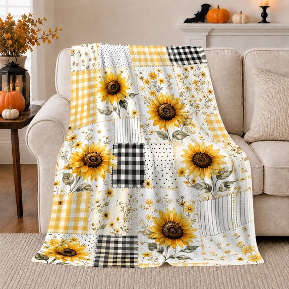 Sunflower Gingham Patchwork On Beige Sofa Cheerful Rustic Flannel Blanket For Flower Lovers Cozy Home Decor In Living Room Bedroom Halloween Gift