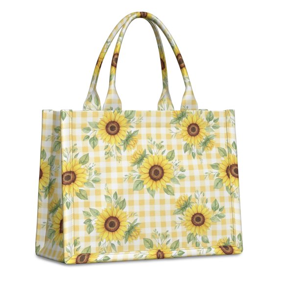 Sunflower and Gingham Yellow Pattern Tote Bag, Travel Tote Purse with Interior Pockets & Top Handle, Smooth Zipper Gifts for Women Men,15.7 X 5.1 X 13 Inches