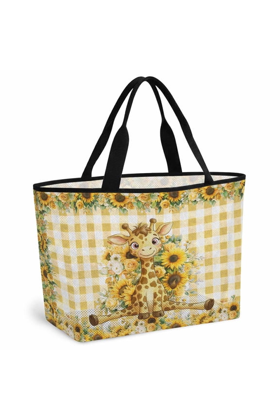 Sunflower Giraffe Beach Bag for Women, Large Breathable Mesh Beach Tote Bag, Summer Botanical Checkered Watercolor Animals Sandproof Lightweight Travel Bags for Vacation Picnic Swimming Pool