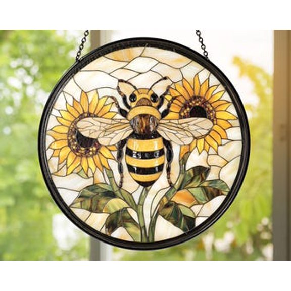 Sunflower Glass Bee Suncatcher: Summer Window Hanging, 3.5 in